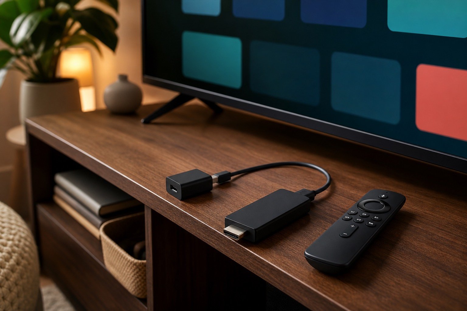 Streaming stick and remote prepared beside a television for World Cup streaming